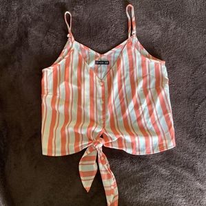 V-neck striped loose tank top with front knot